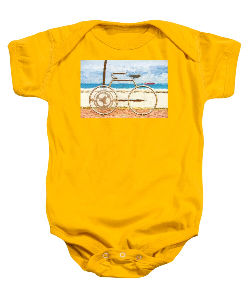 Lauderdale Baby Onesie featuring the photograph Seaside Bicycle Stand by Les Palenik