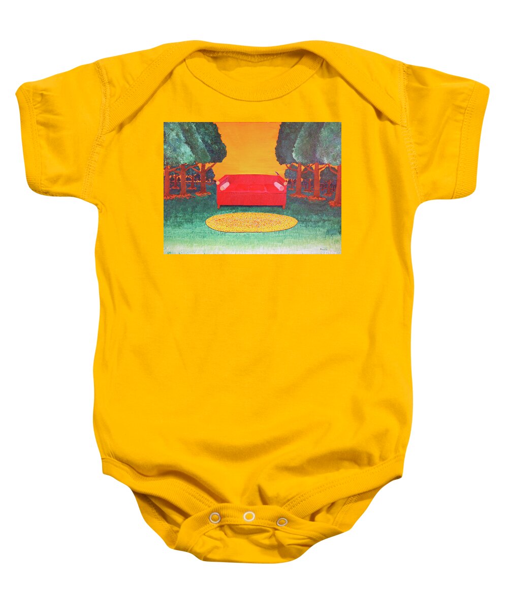 Surrealism Baby Onesie featuring the painting Bird on the Couch by Thomas Blood