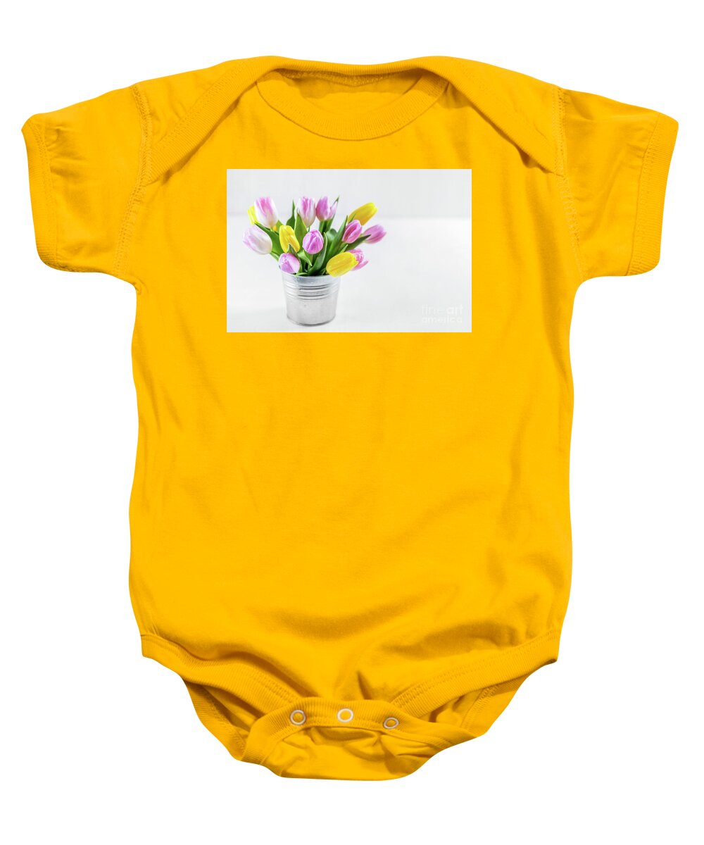 Bouquet Baby Onesie featuring the photograph Bouquet of fresh tulips in a metal pot. by Michal Bednarek