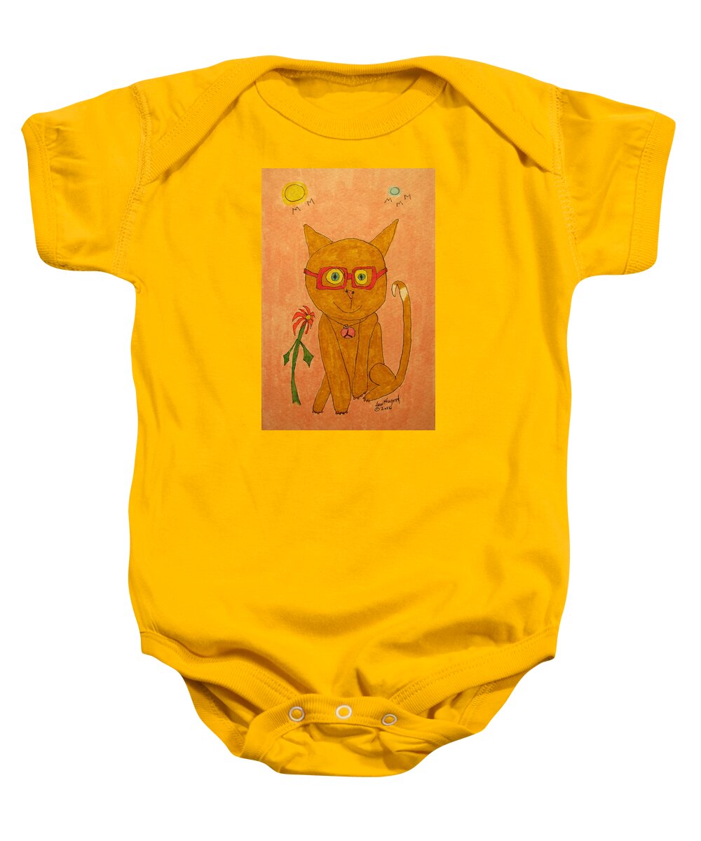 Hagood Baby Onesie featuring the painting Brown Cat With Glasses by Lew Hagood