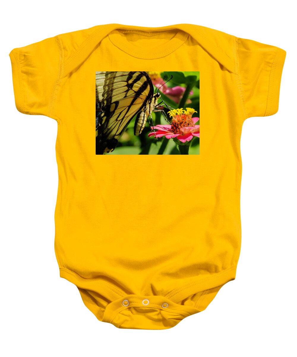 Butterfly Baby Onesie featuring the photograph Butterfly and Zinnia by John Roach