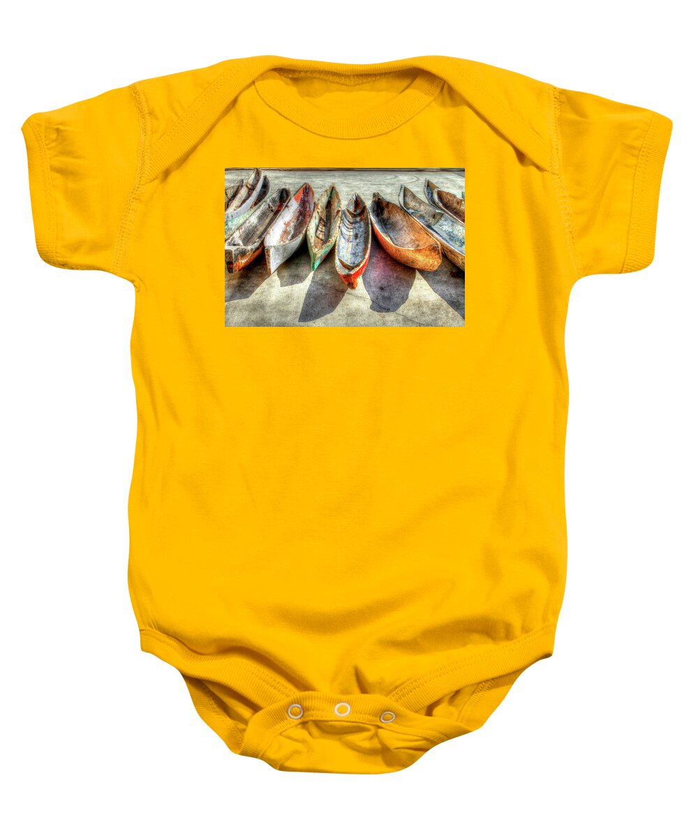 The Baby Onesie featuring the photograph Canoes by Debra and Dave Vanderlaan