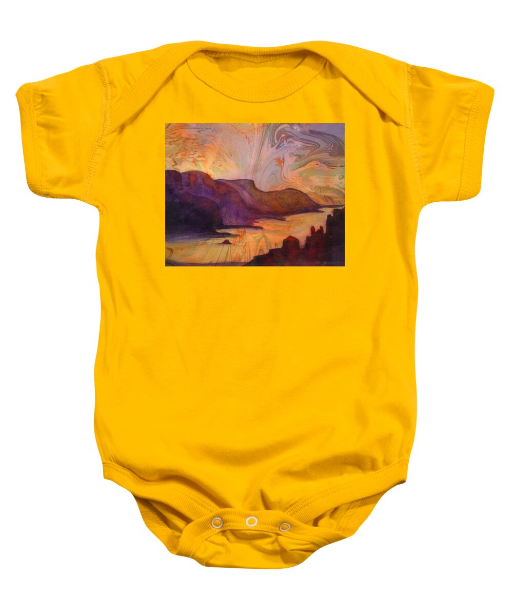 Oregon Baby Onesie featuring the painting Columbia Gorge on Marbled paper by Denice Palanuk Wilson