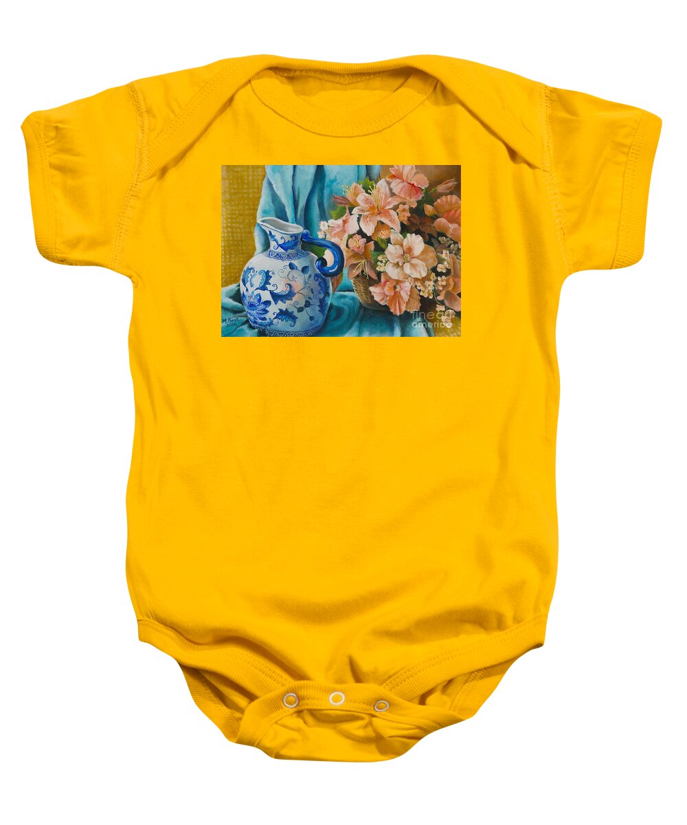 Still Life Baby Onesie featuring the painting Delft Pitcher with Flowers by Marlene Book