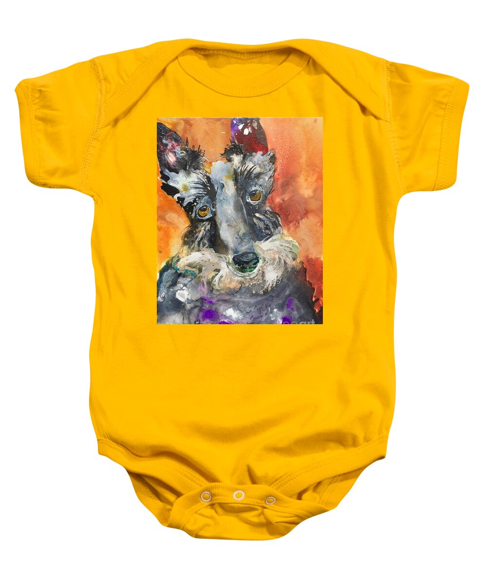 Scotty Dog Baby Onesie featuring the painting Endearing by Kasha Ritter