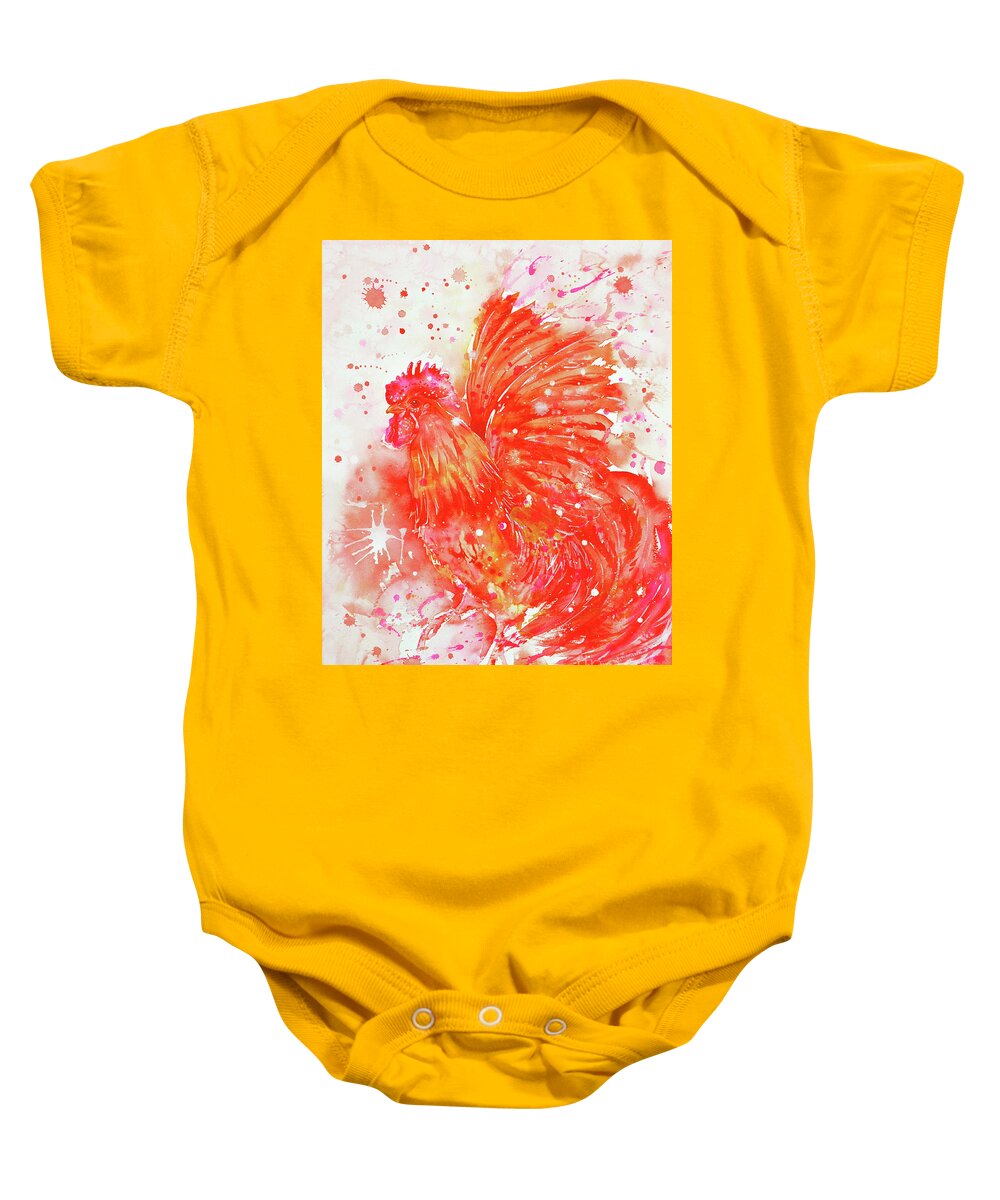 Red Rooster Baby Onesie featuring the painting Flaming Rooster by Zaira Dzhaubaeva