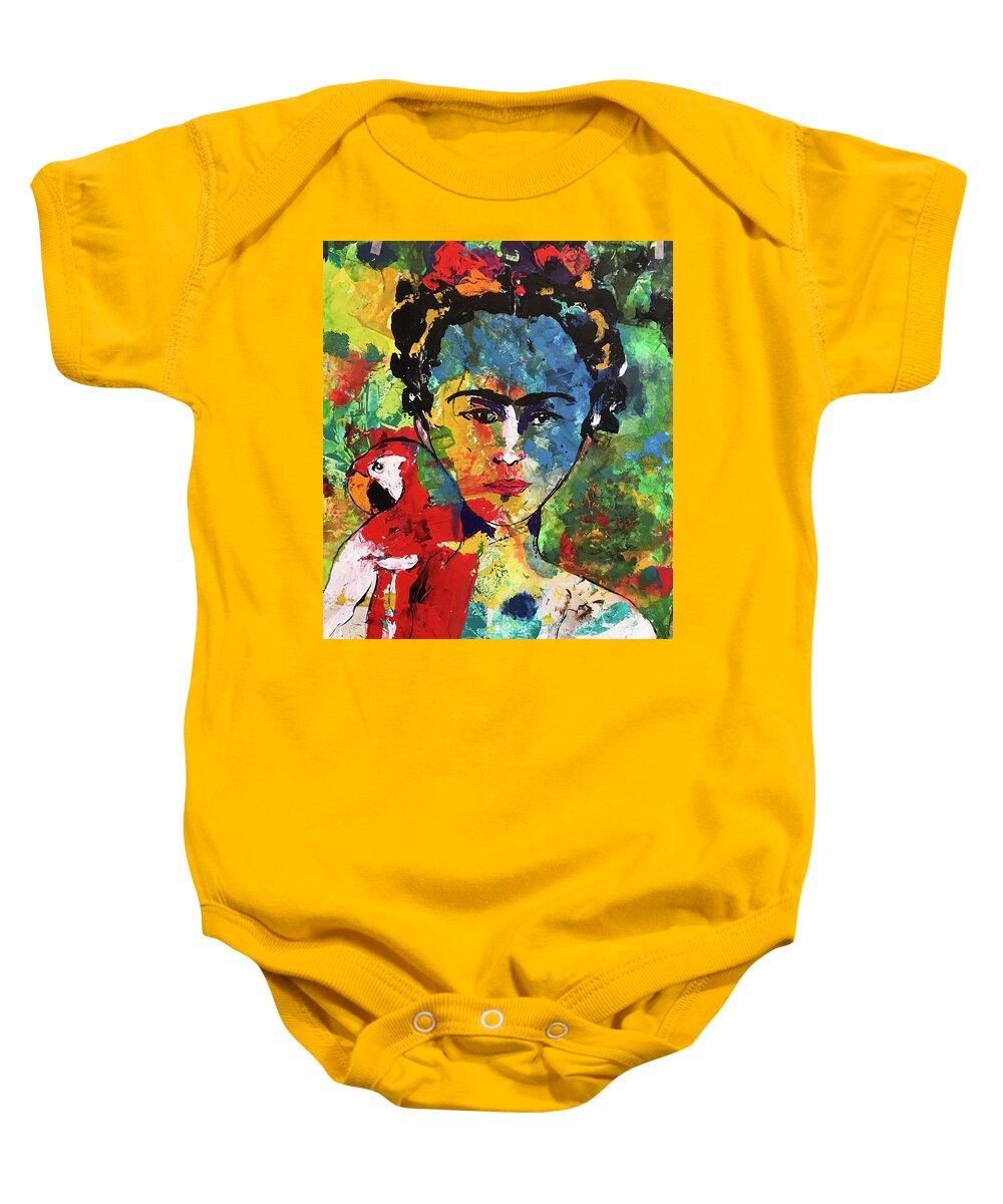 Frida Baby Onesie featuring the painting Frida and Parrot Uno by Elaine Elliott
