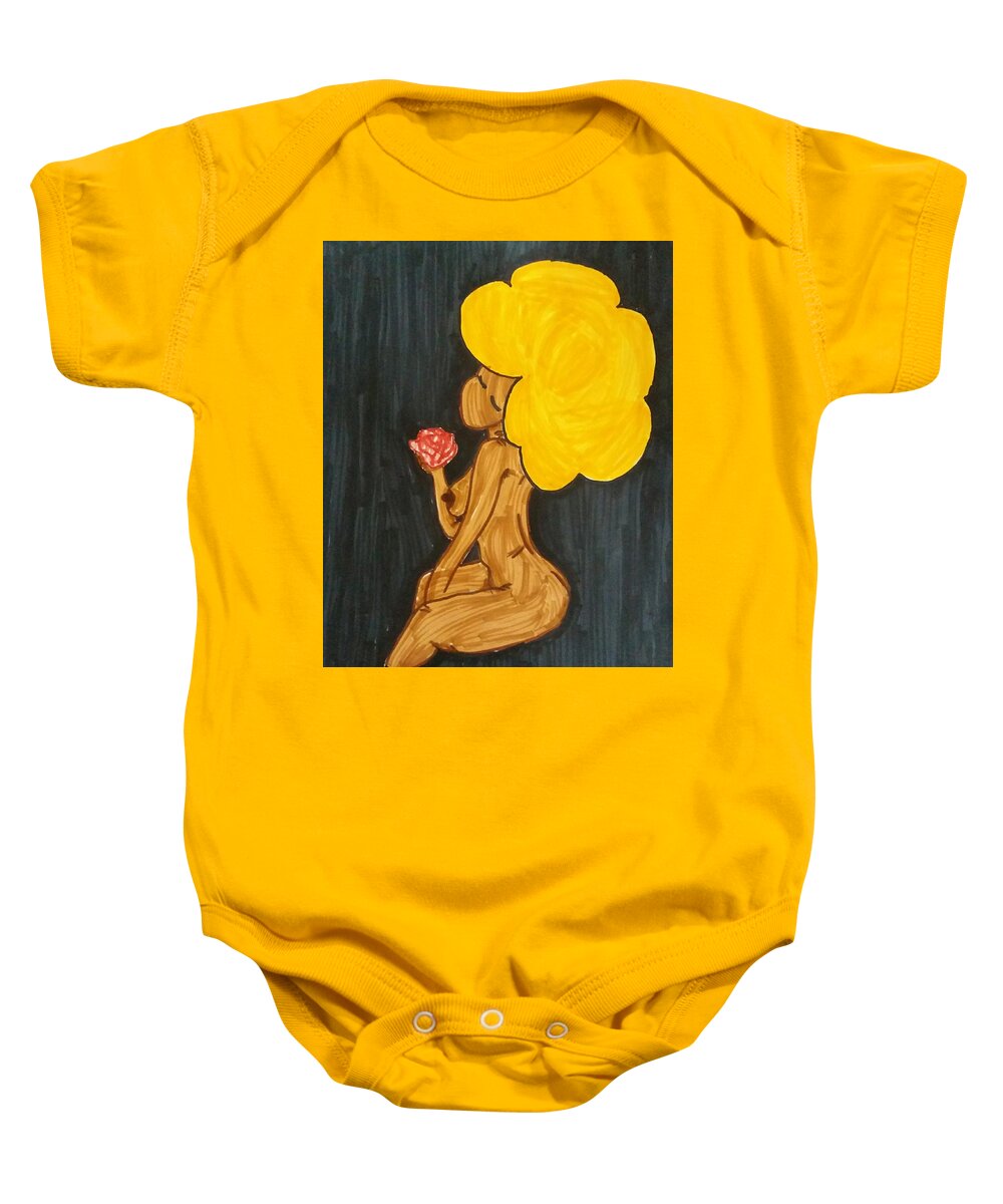 Black Baby Onesie featuring the drawing Goldie by Artist Sha