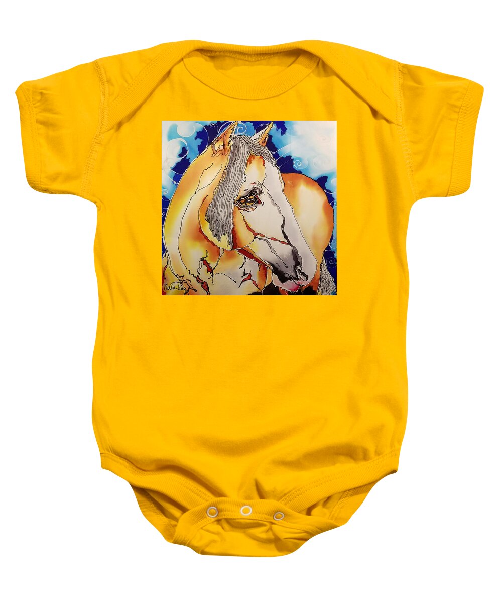 Horse Baby Onesie featuring the tapestry - textile Goldie by Karla Kay Benjamin