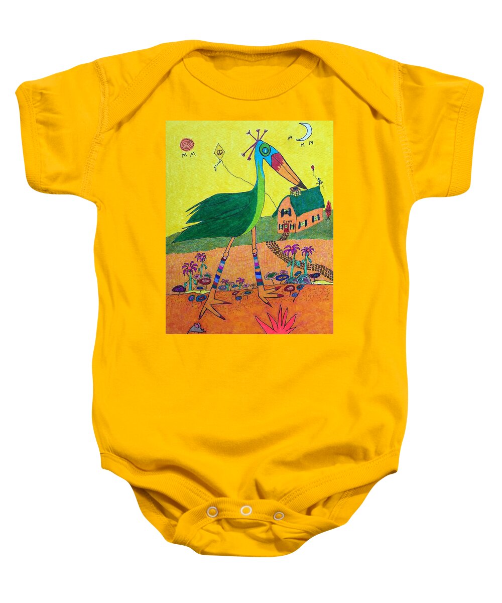 Hagood Baby Onesie featuring the painting Green Crane with Leggings and Painted Toes by Lew Hagood