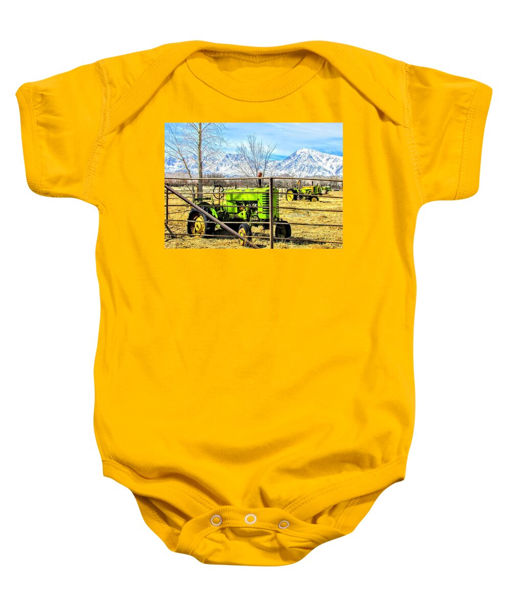 Sky Baby Onesie featuring the photograph Green Tractor by Marilyn Diaz