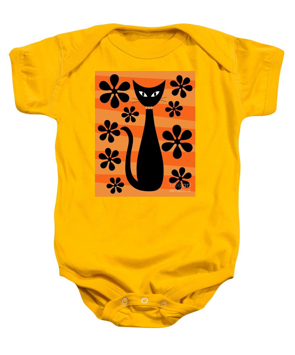 Donna Mibus Baby Onesie featuring the digital art Groovy Flowers with Cat Orange and Light Orange by Donna Mibus