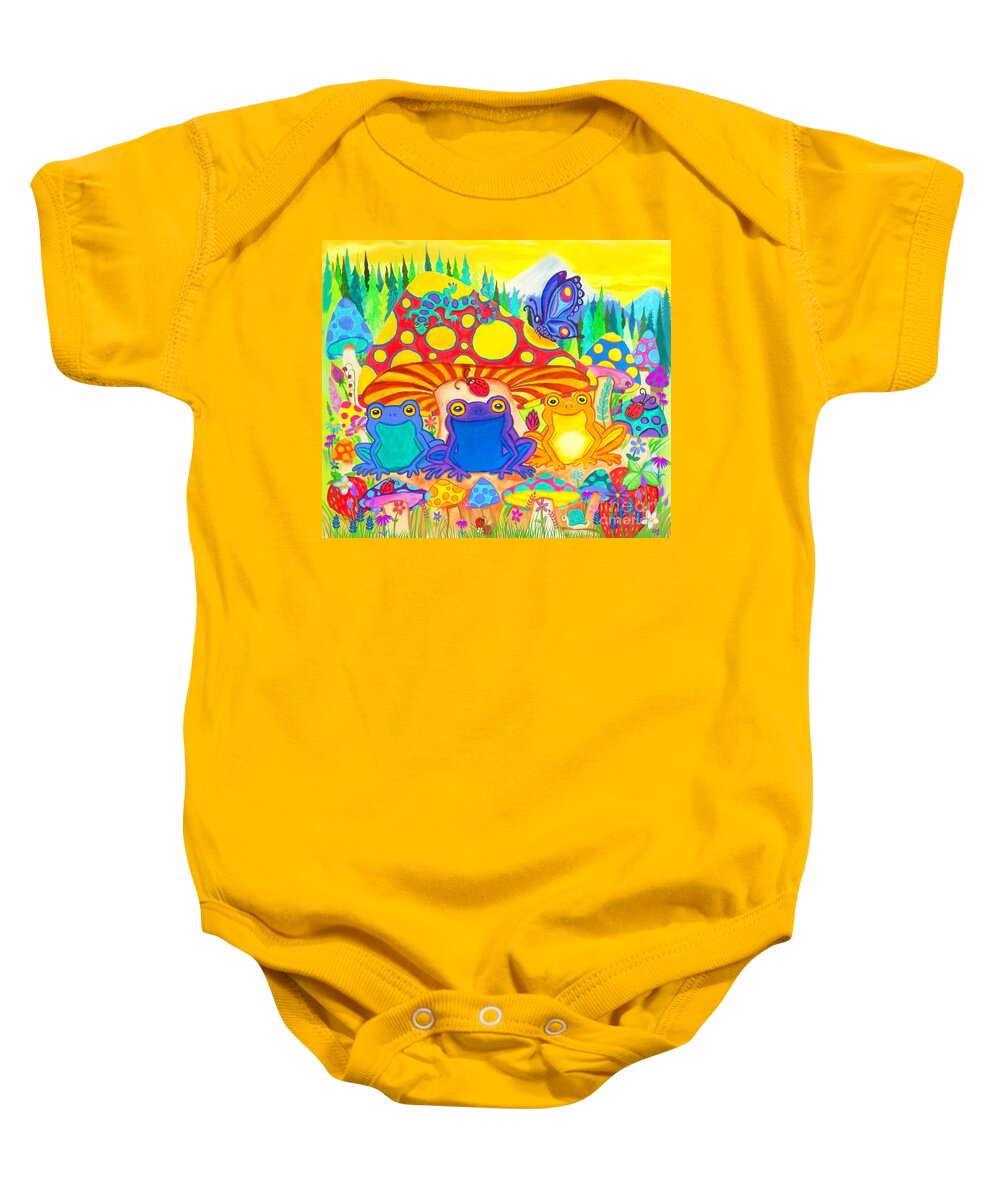 Frogs Baby Onesie featuring the digital art Happy Frogs in the Forest by Nick Gustafson