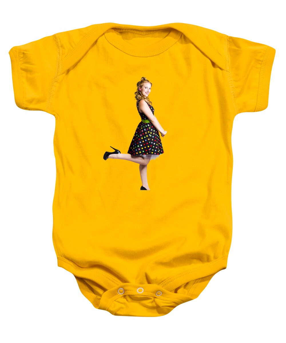Retro Baby Onesie featuring the photograph Happy woman in retro dress by Jorgo Photography