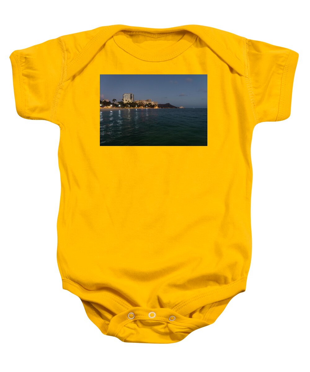 Georgia Mizuleva Baby Onesie featuring the photograph Hawaiian Lights - Waikiki Beach and Diamond Head Volcano Crater by Georgia Mizuleva