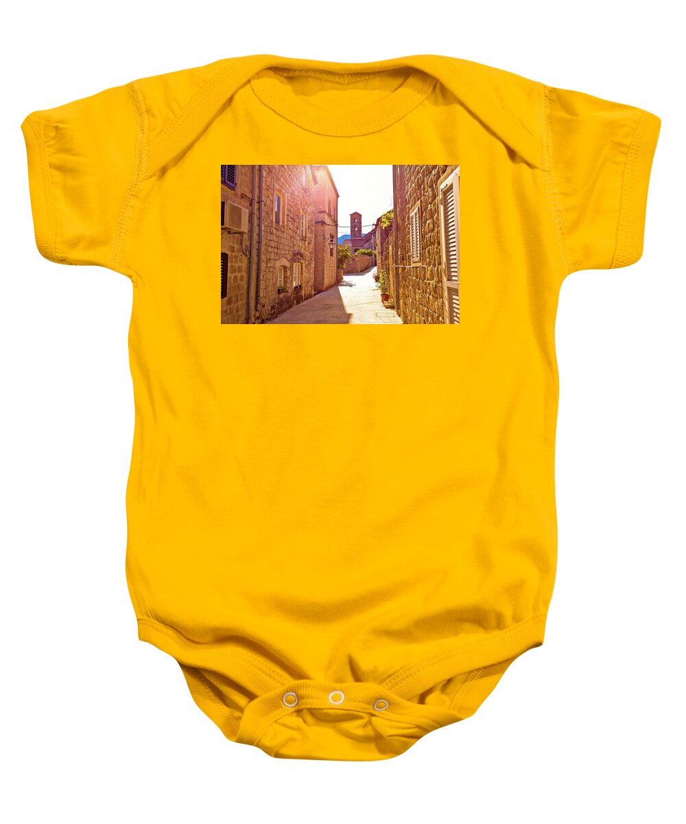 Ston Baby Onesie featuring the photograph Historic town of Ston street and church view by Brch Photography