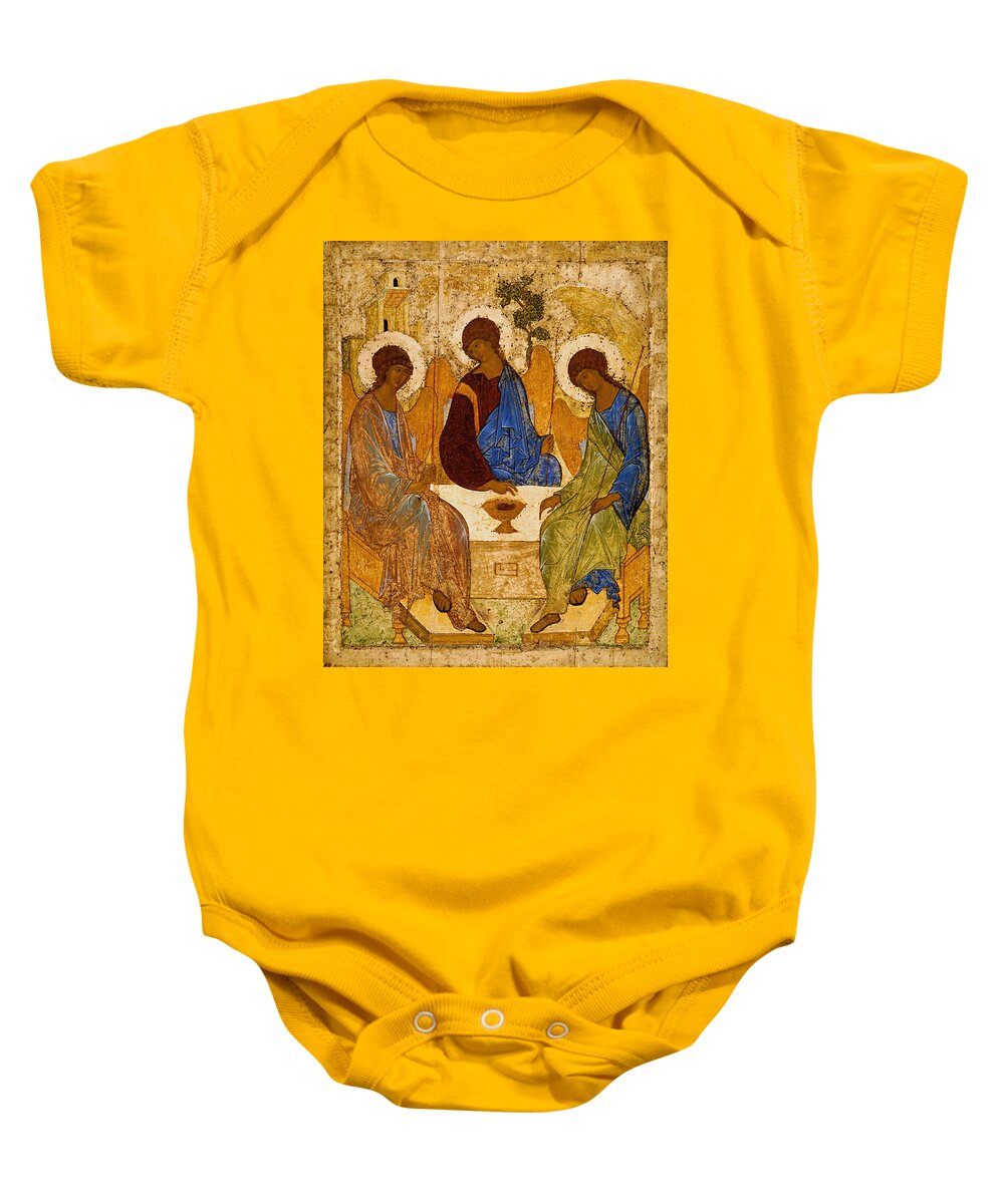 Andrei Rublev Baby Onesie featuring the painting Holy Trinity. Troitsa by Andrei Rublev