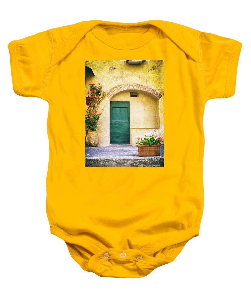 Architecture Baby Onesie featuring the photograph Italian facade with geraniums by Silvia Ganora