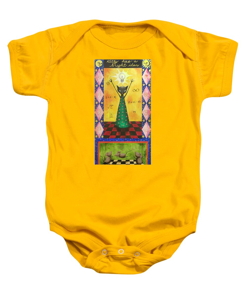 Funny Baby Onesie featuring the painting Kitty Has a Bright Idea by Pauline Lim