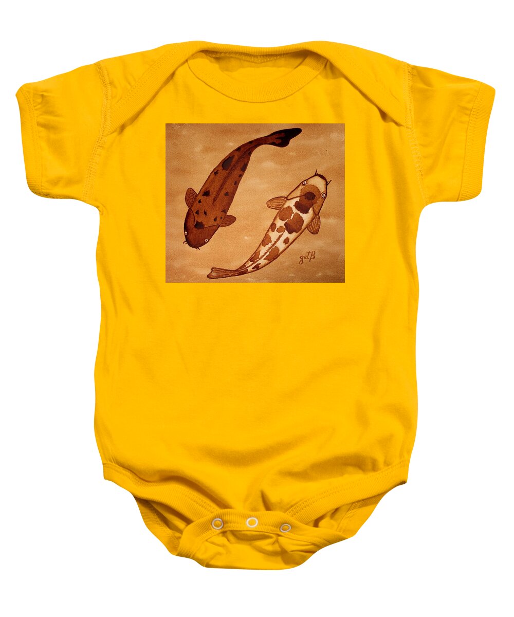 Koi Fish Abstract Coffee Painting Baby Onesie featuring the painting Koi Fish Feng Shui by Georgeta Blanaru