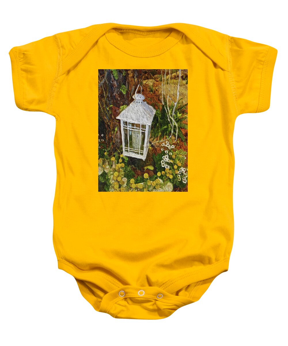 White Latern Baby Onesie featuring the painting Latern with Flowers by Joan Reese