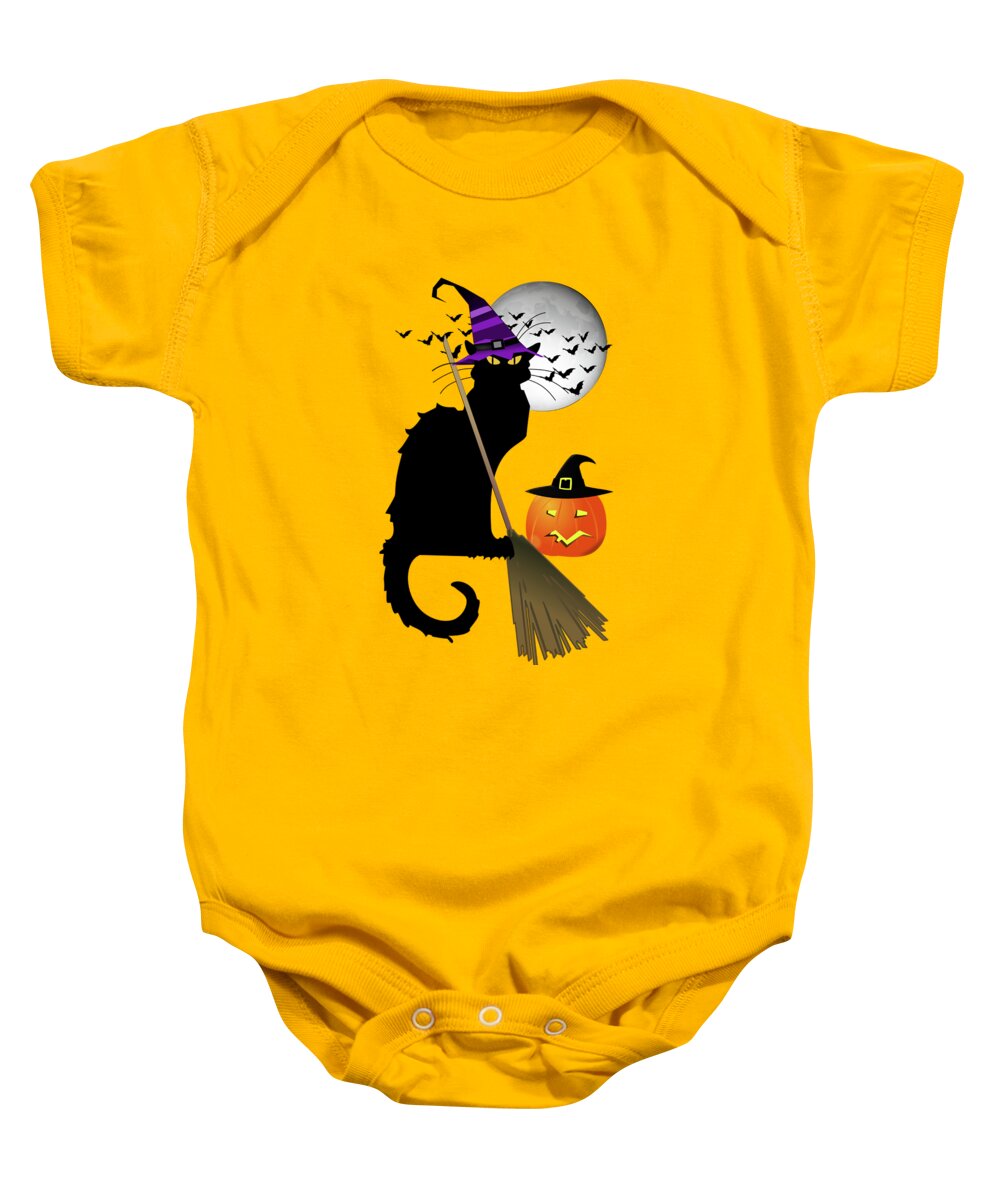 Le Chat Noir Baby Onesie featuring the digital art Le Chat Noir - Halloween Witch by Gravityx9  Designs