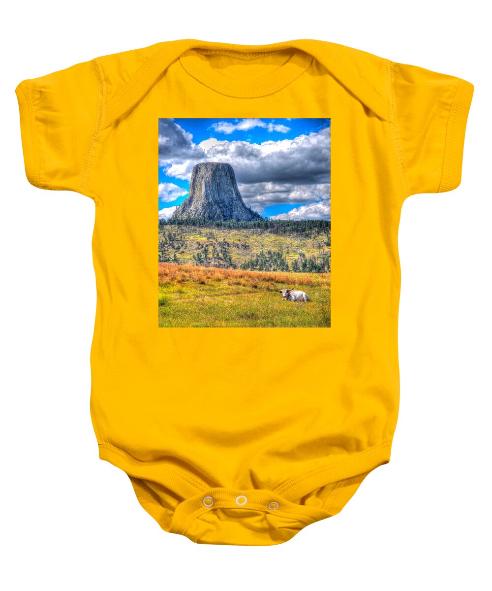 Devils Tower Baby Onesie featuring the photograph Longhorn at Devils Tower by Don Mercer