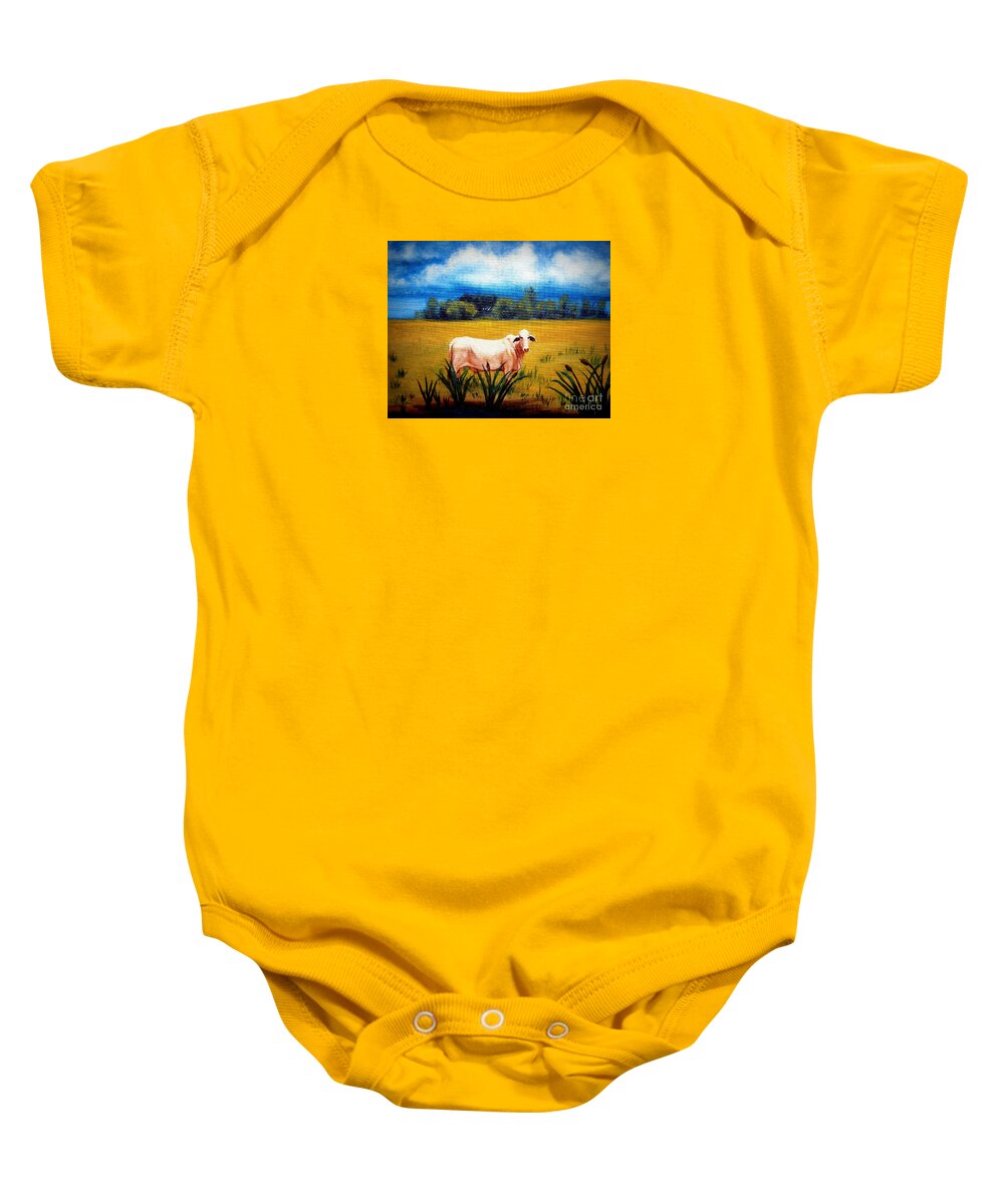 Cow Baby Onesie featuring the painting The Lonely Bull by Georgia Doyle