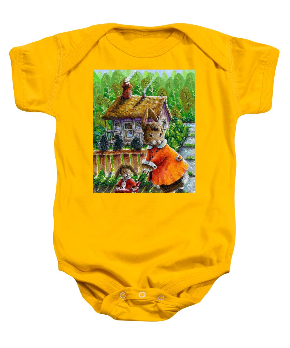 Rabbits Baby Onesie featuring the painting Mae Rabbit's Stroller Time by Jacquelin L Westerman