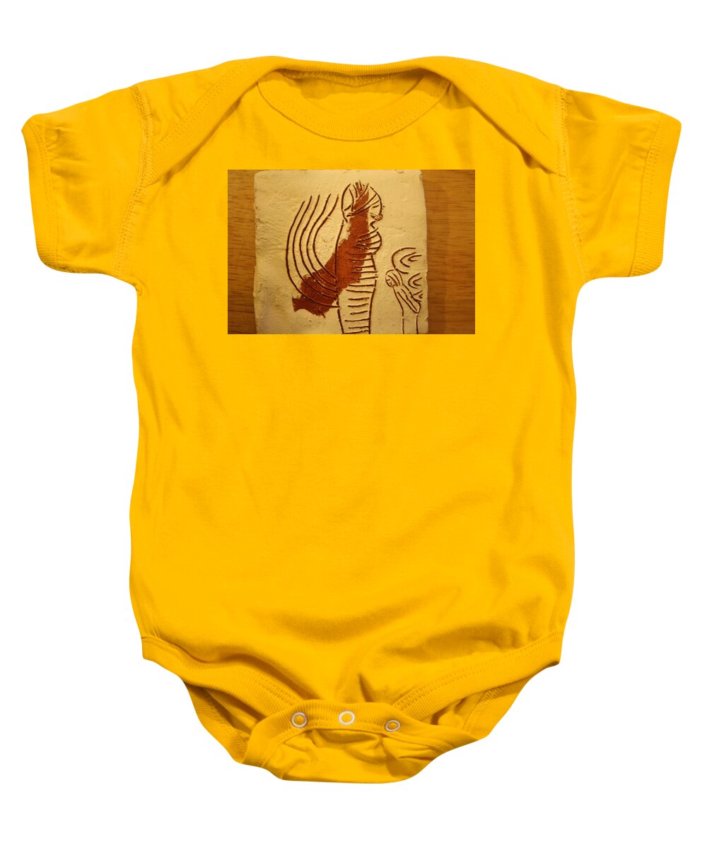 Jesus Baby Onesie featuring the ceramic art Maybe Baby Two O - Tile by Gloria Ssali