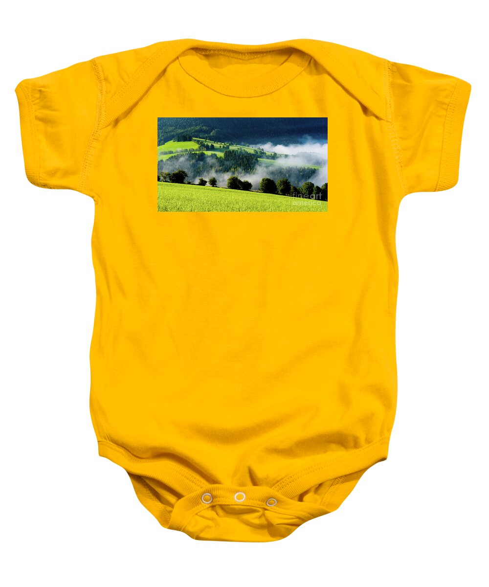 Austria Baby Onesie featuring the photograph Misty valley in Austria by Andreas Berthold
