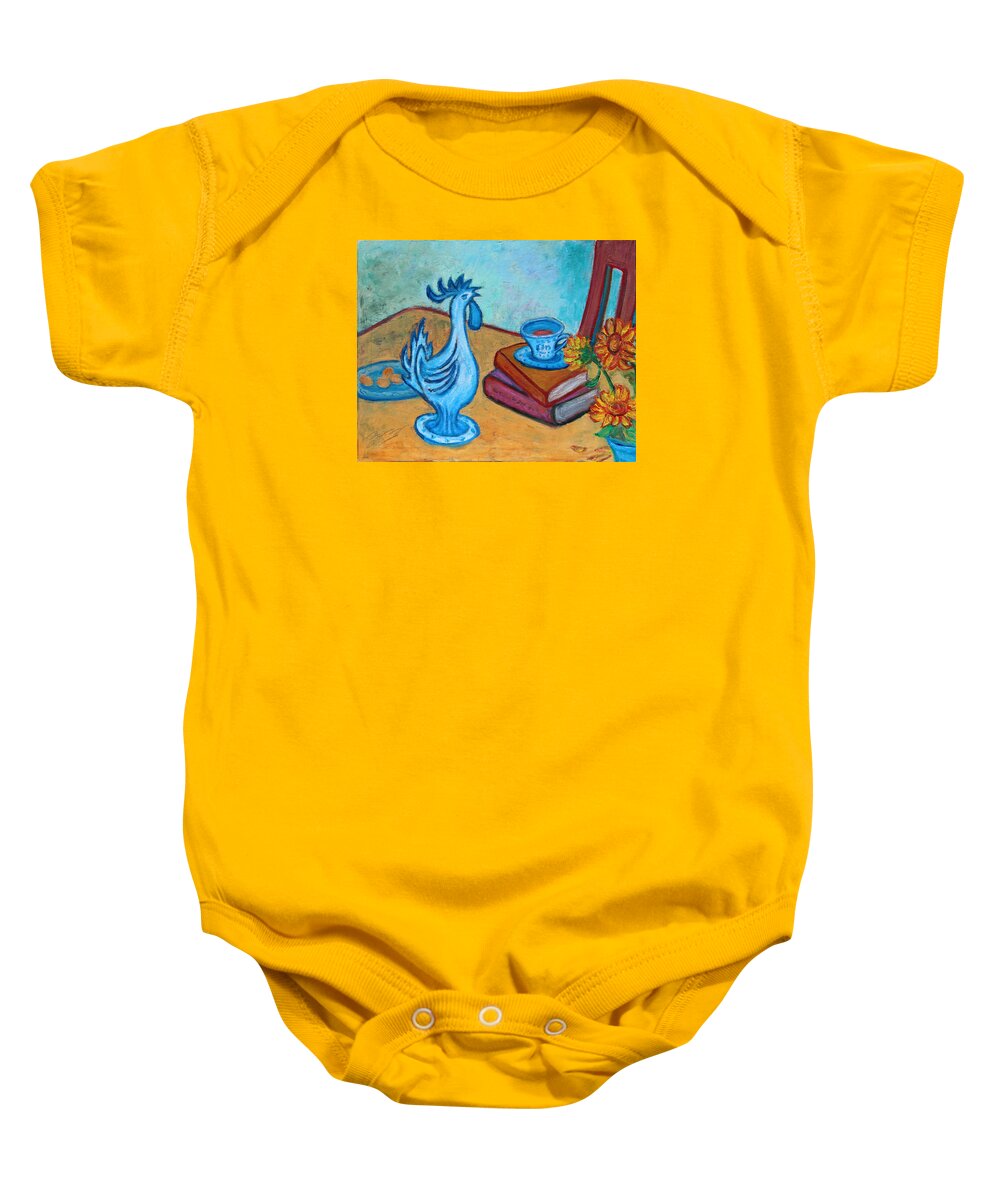 Still-life Baby Onesie featuring the painting Morning Coffee Rooster by Xueling Zou