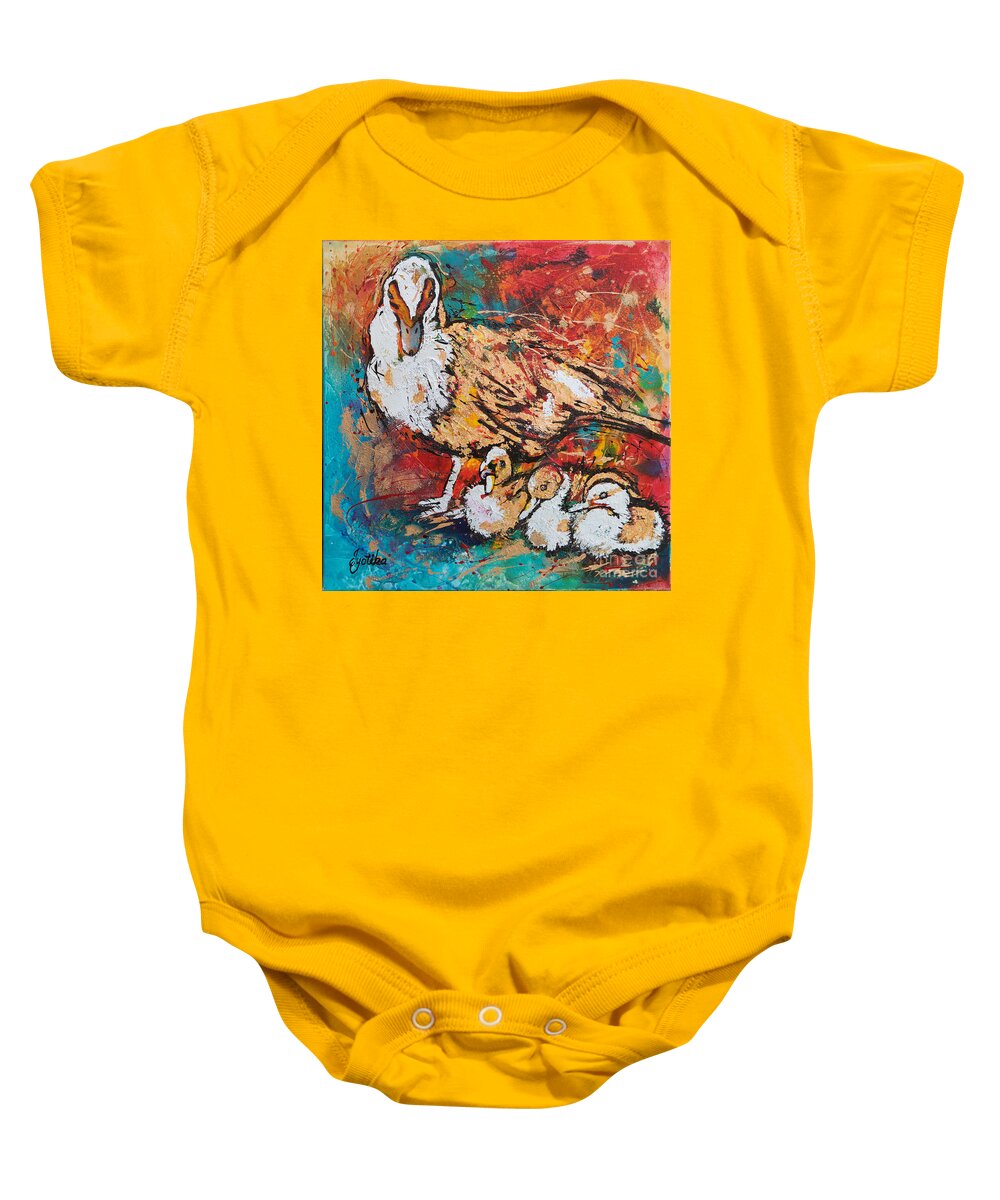 Muscovy Duck And Ducklings. Birds Baby Onesie featuring the painting Muscovy Ducklings by Jyotika Shroff
