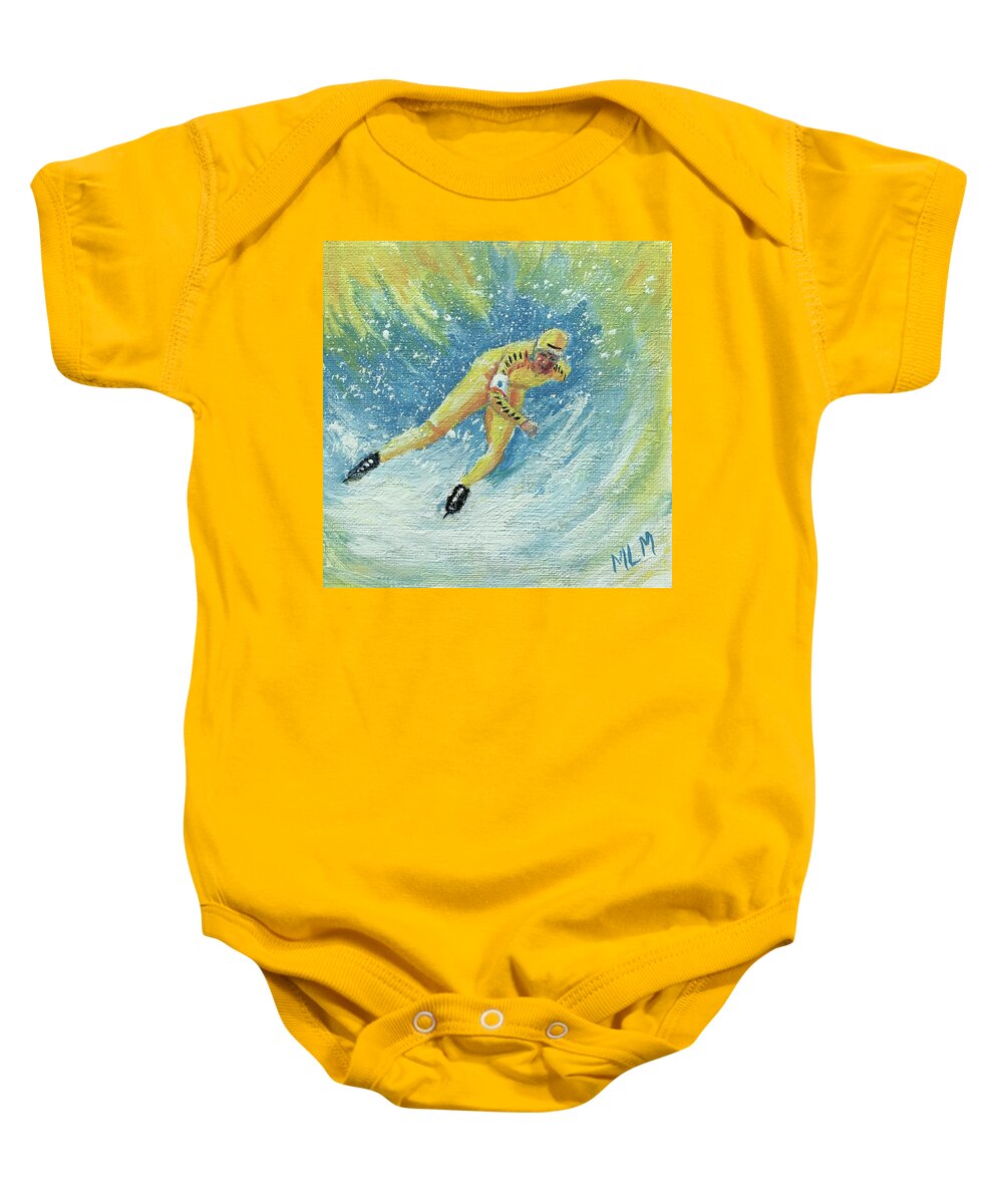 Yellow Baby Onesie featuring the painting Olympic Speed Skater by ML McCormick