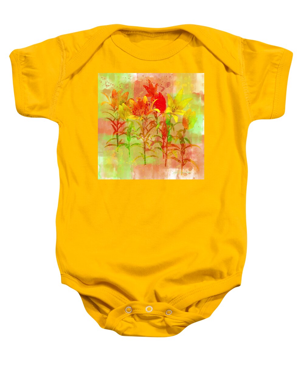 Lilies Baby Onesie featuring the digital art Orange and Yellow Lilies by Judi Suni Hall
