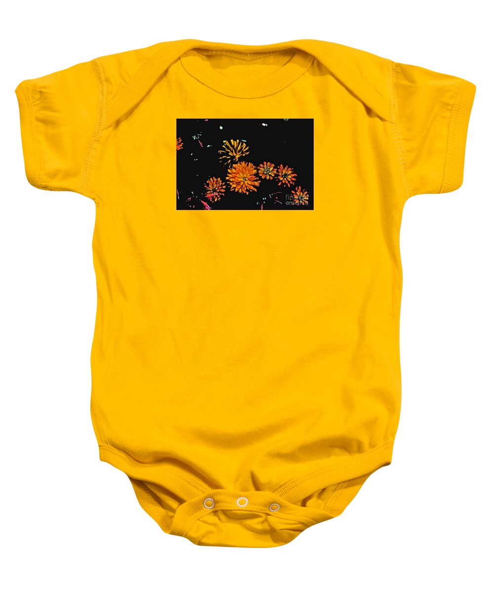  Baby Onesie featuring the photograph Orange Zinnias Black Background by David Frederick