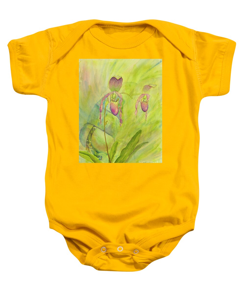 Tropical Baby Onesie featuring the painting Paphiopedilum Pollination-Where is the fly? by Lisa Debaets