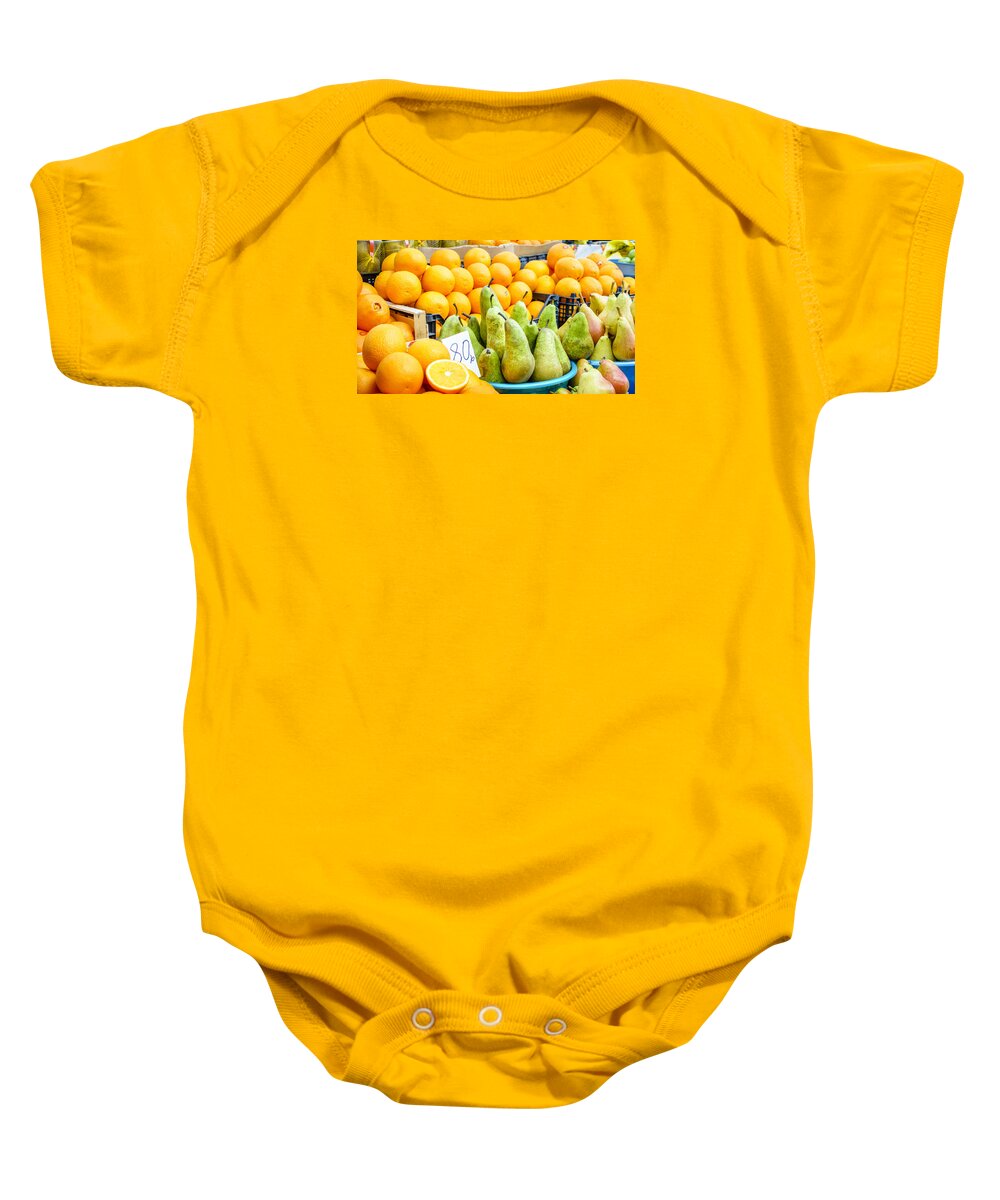 Pyatigorsk Baby Onesie featuring the photograph Pears and oranges by Alexey Stiop