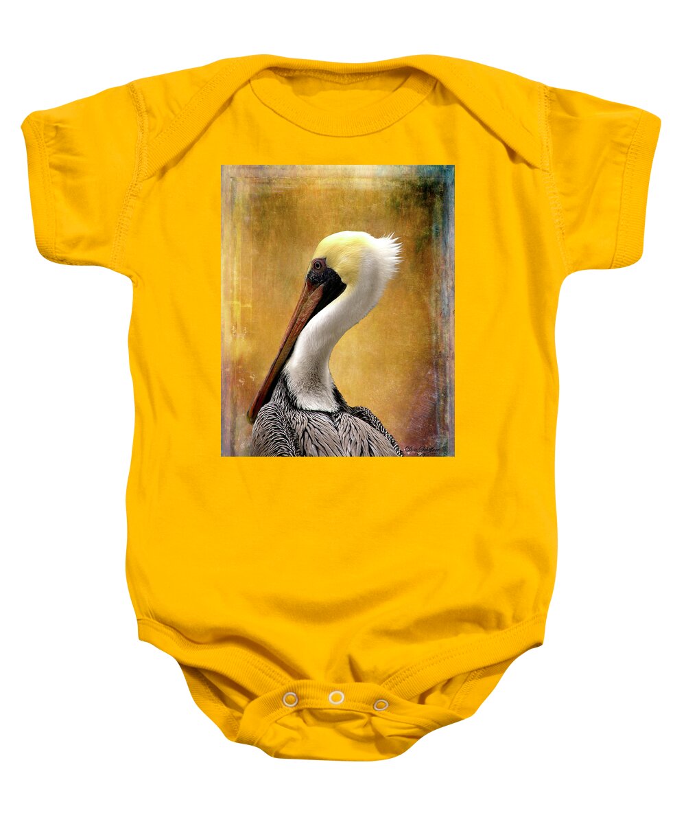 Pelican Baby Onesie featuring the digital art Pelican and Gold by Don Schiffner