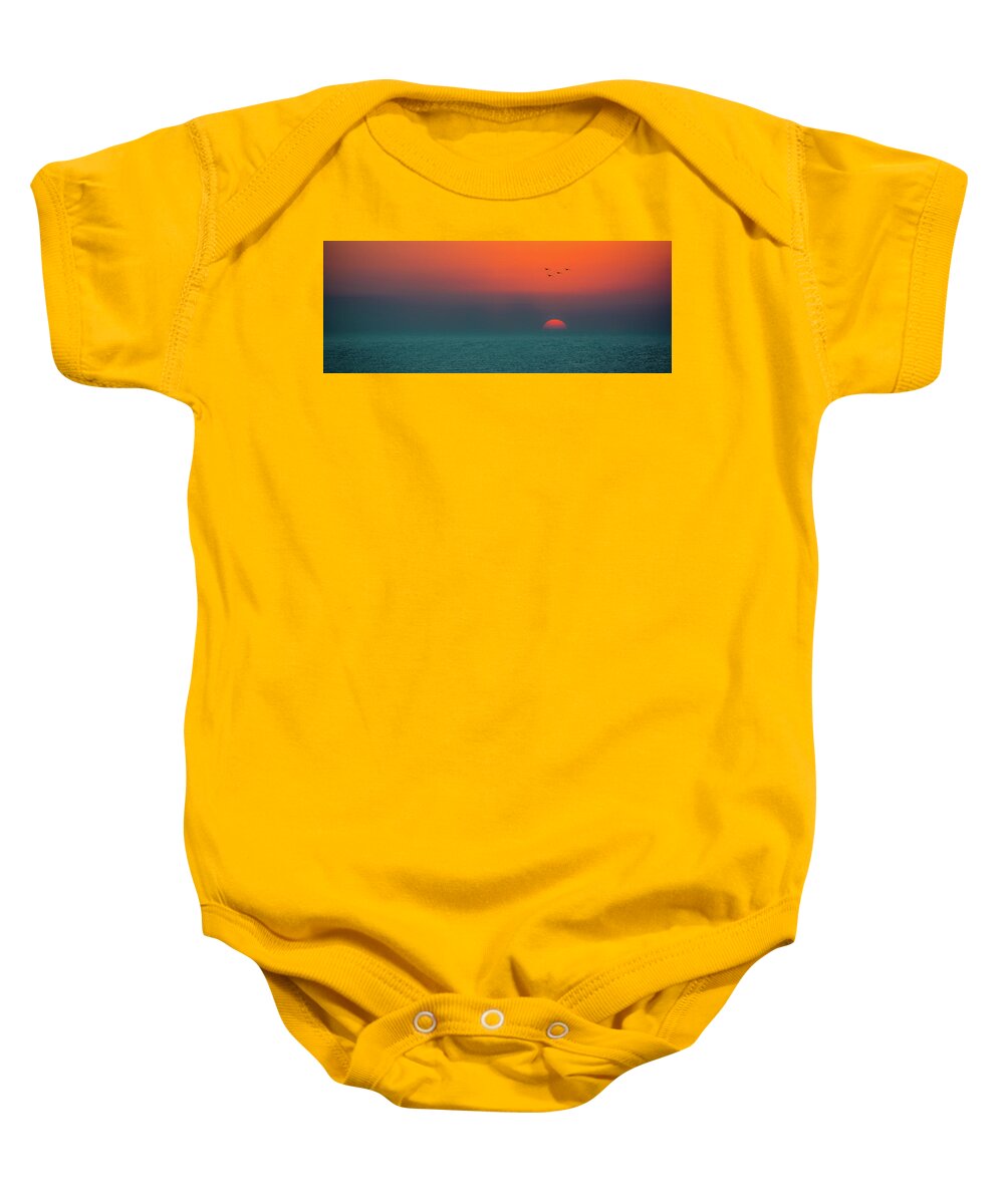 Florida Baby Onesie featuring the photograph Pelican Squad At Sunset by David Downs