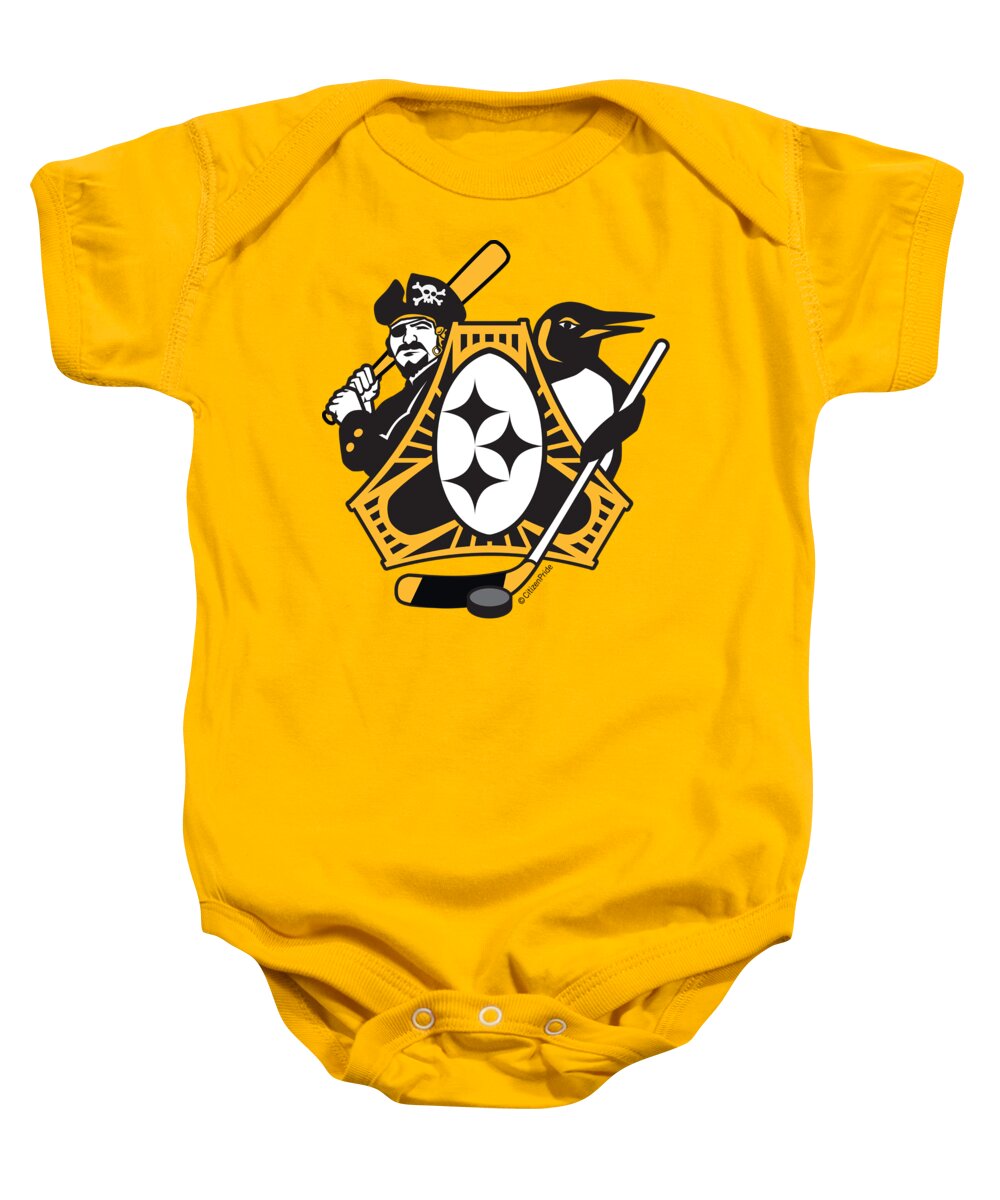 Pittsburgh Baby Onesie featuring the digital art Pittsburgh-Three Rivers Roar Sports Fan Crest by Joe Barsin