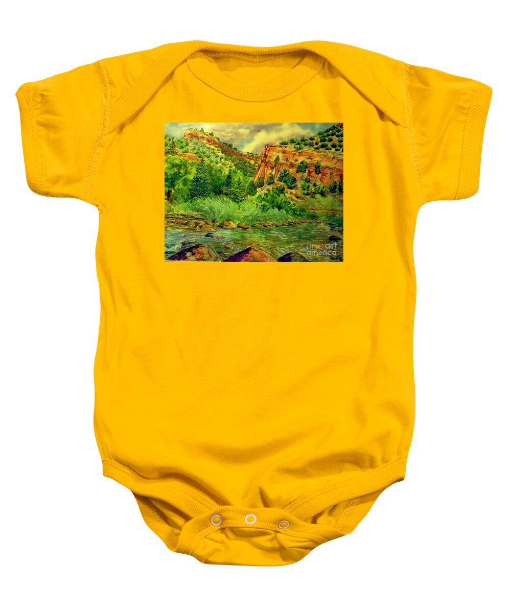 Plein Air Watercolor Of Eagle River Baby Onesie featuring the digital art Plein Air of Eagle River by Annie Gibbons