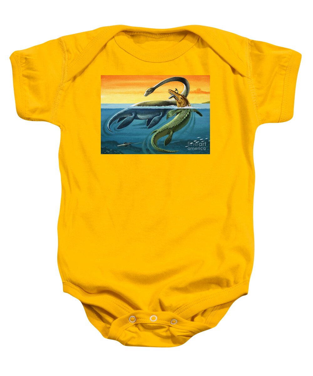 Dinosaur Baby Onesie featuring the painting Prehistoric Creatures in the Ocean by English School