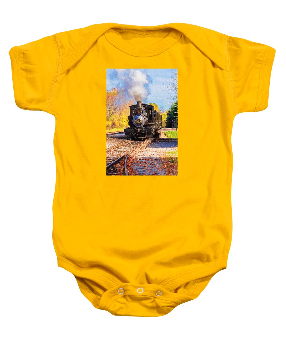 Train Baby Onesie featuring the photograph Pulling Into The Station by Susan Rissi Tregoning