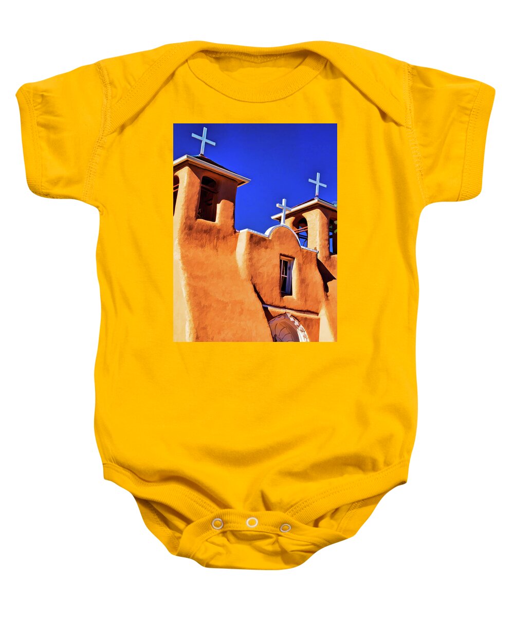  San Baby Onesie featuring the digital art Ranchos de Taos church by Charles Muhle