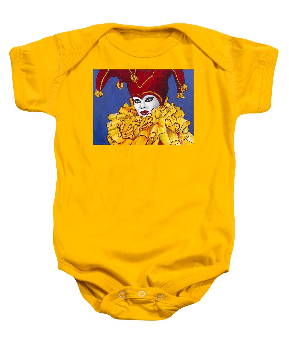 Carnival Baby Onesie featuring the painting Red and Yellow Carnival Jester by Patty Vicknair