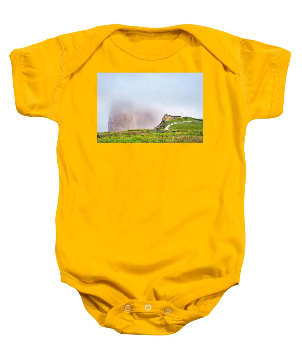 Gaspe Baby Onesie featuring the photograph Sea Fog on Perce Rock by Kathy Paynter