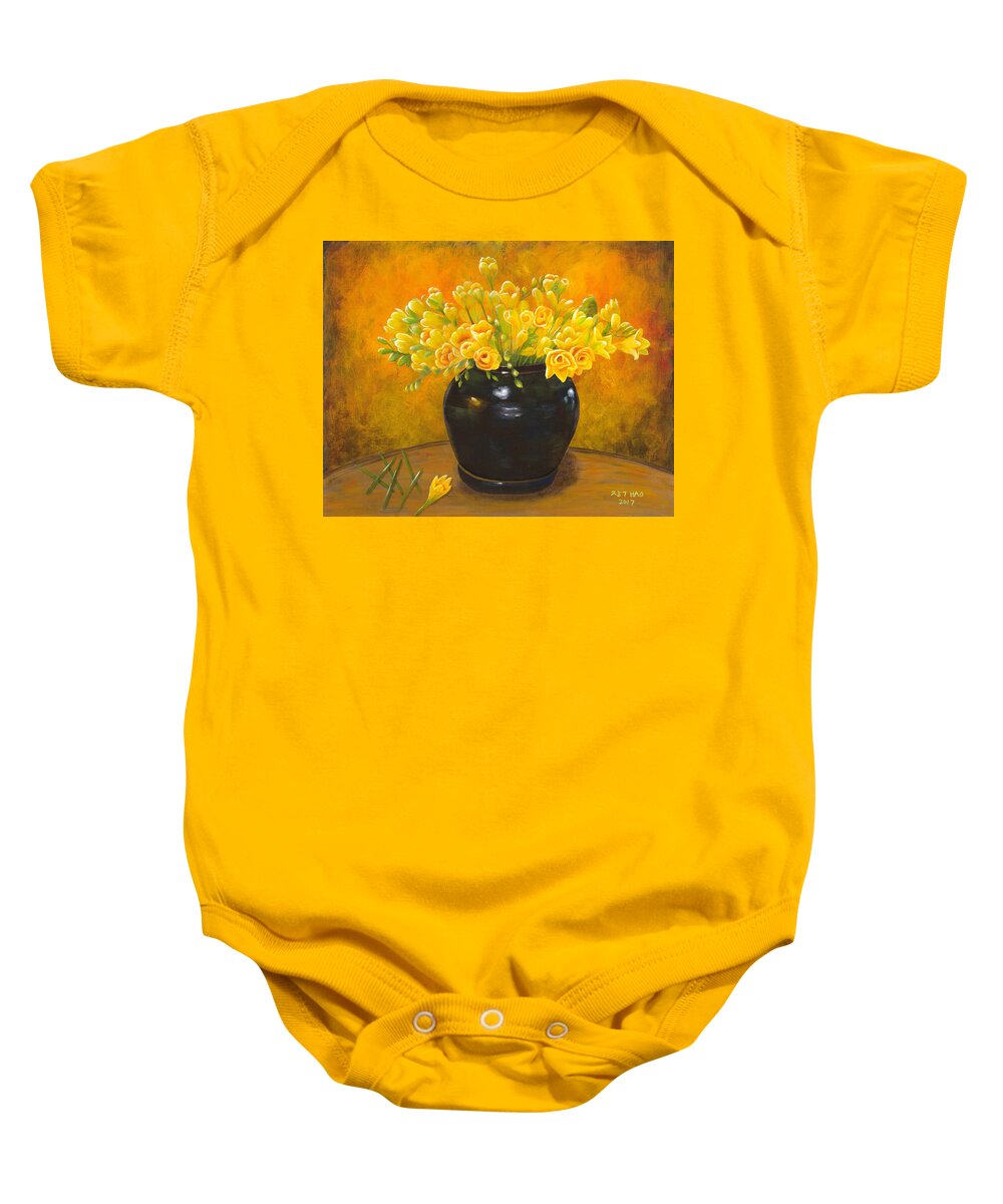 Freesia Baby Onesie featuring the painting A gift from the past by Helian Cornwell