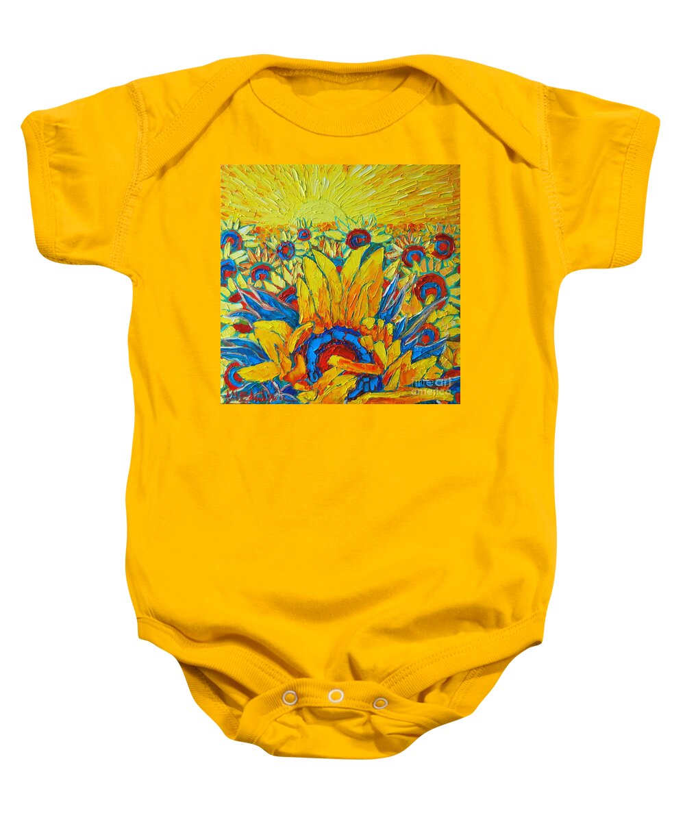 Sunflowers Baby Onesie featuring the painting Sunflowers Field In Sunrise Light by Ana Maria Edulescu