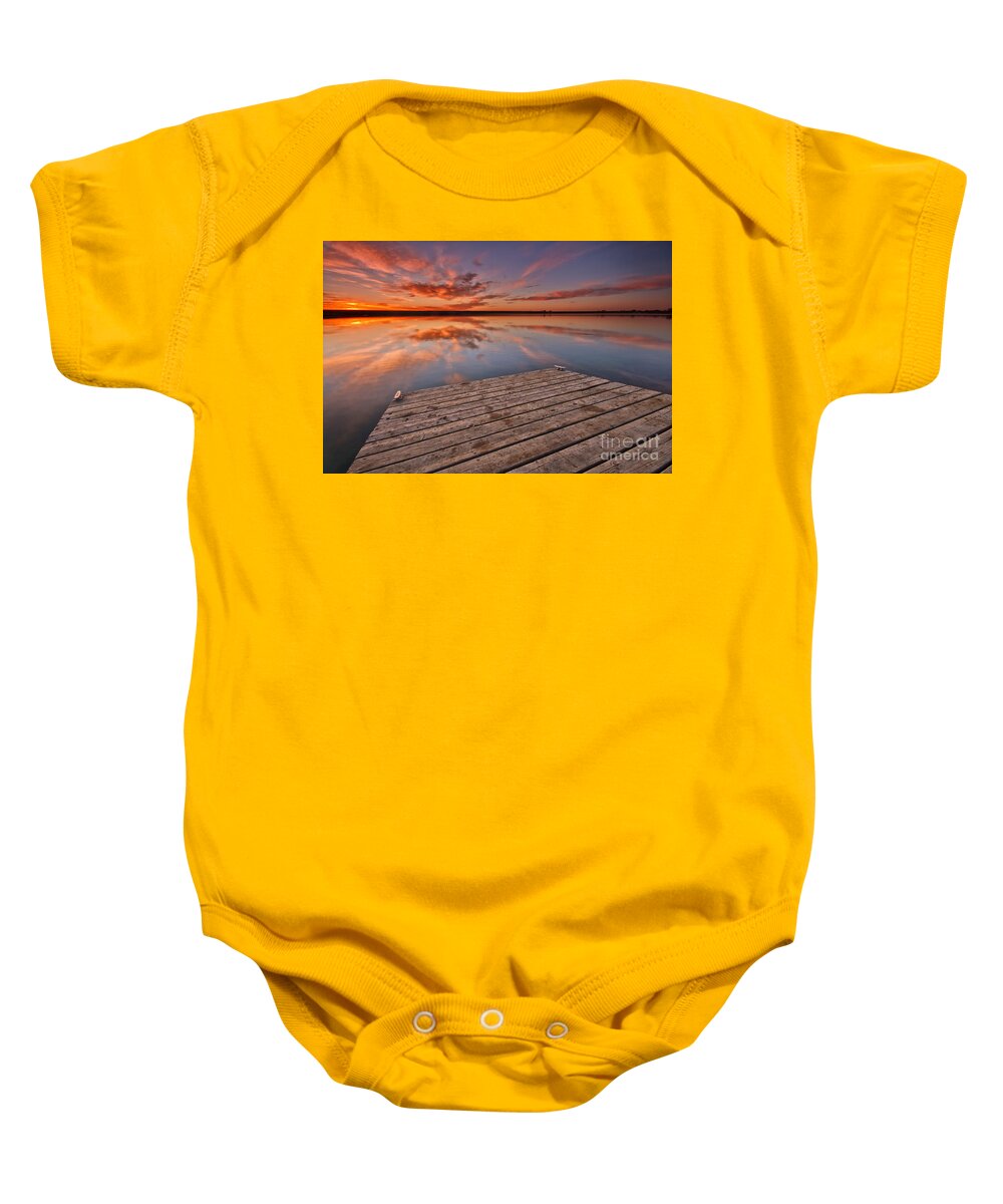 Sunrise Baby Onesie featuring the photograph Sunrise over a Colorado fishing dock by Ronda Kimbrow